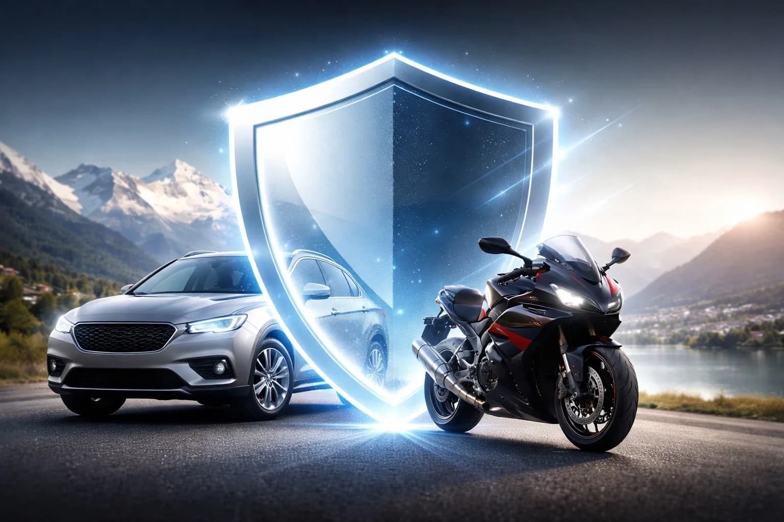 Autogarantie und Motorradgarantie Schweiz – Schutzschild für Fahrzeuge mit Schweizer Alpenpanorama, Motor- Elektronik- und Getriebedeckung