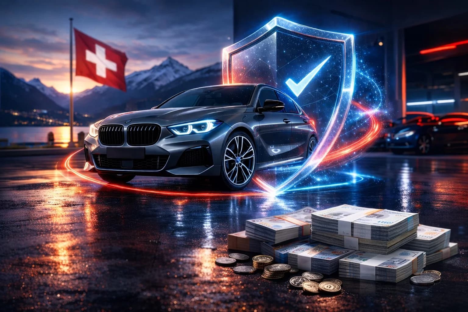 Garantie auto Suisse – voiture protégée par bouclier numérique avec drapeau suisse, Alpes et économies sur frais de réparation