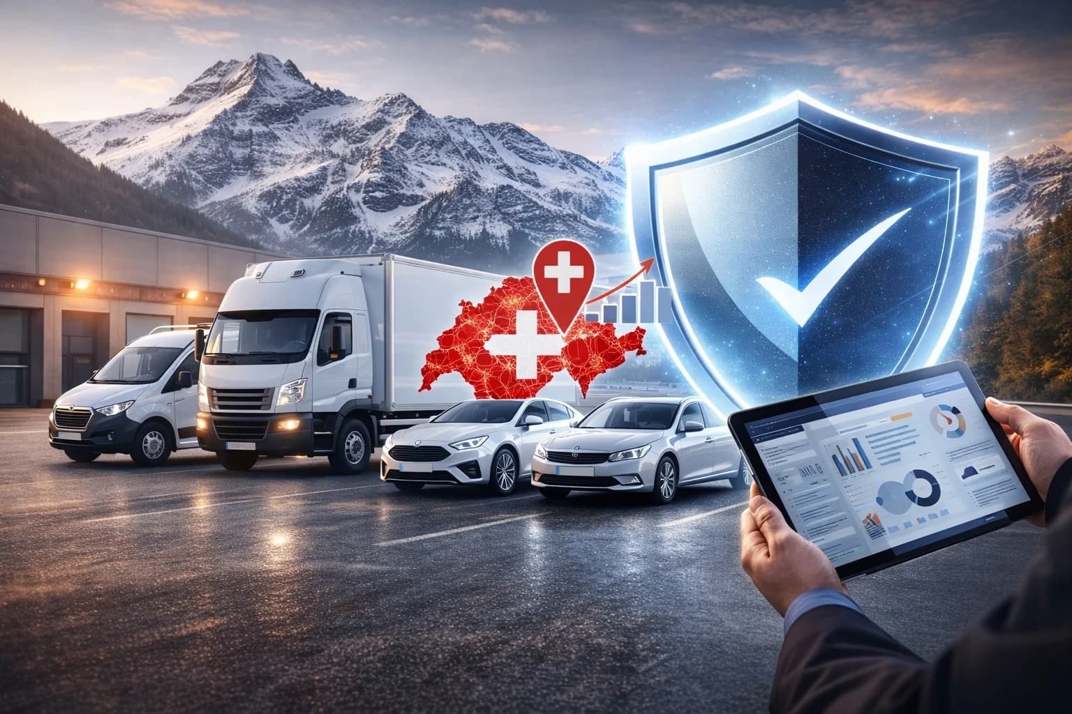 Flottengarantie Schweiz: Nutzfahrzeugschutz, zentrale Verwaltung und Kostenkontrolle – MultimarcaGarage Flottengarantie Schweiz – Transporter Firmenwagen und LKW geschützt durch digitales Schild mit Schweizer Karte und Tablet-Verwaltung