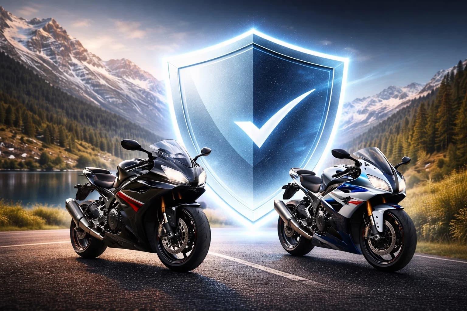 Garanzia moto usata in Svizzera: protezione motore, cambio e elettronica per stradali, enduro e scooter – MultimarcaGarage Garanzia moto Svizzera – due moto sportive protette da scudo digitale con panorama alpino svizzero, copertura motore cambio elettronica
