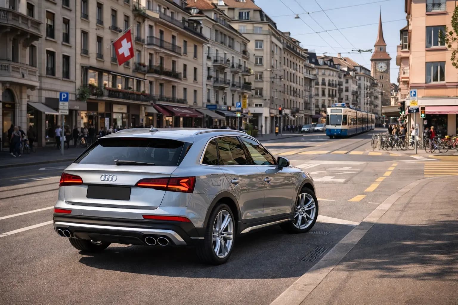 Leasing auto senza anticipo in Svizzera: guida subito senza versamento iniziale MultimarcaGarage Leasing senza anticipo Svizzera – SUV in città svizzera con bandiera e tram sullo sfondo