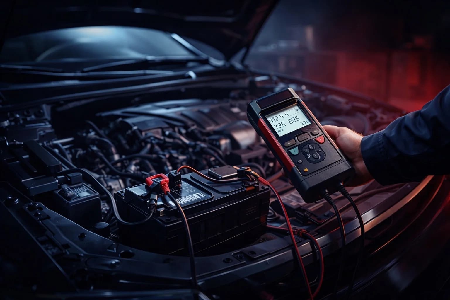 Diagnostica batteria auto in Svizzera: controllo professionale tensione, capacità e stato di salute – MultimarcaGarage Test batteria auto professionale Svizzera – tecnico con strumento diagnostico digitale analizza lo stato della batteria sotto il cofano